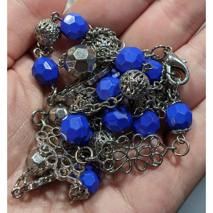 Floral Blue And Silver Tone Beaded Necklace