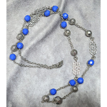 Floral Blue And Silver Tone Beaded Necklace