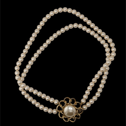 Vintage Midcentury Glam Double Strand Faux Pearl Necklace With Gold-Tone Floral Box Clasp