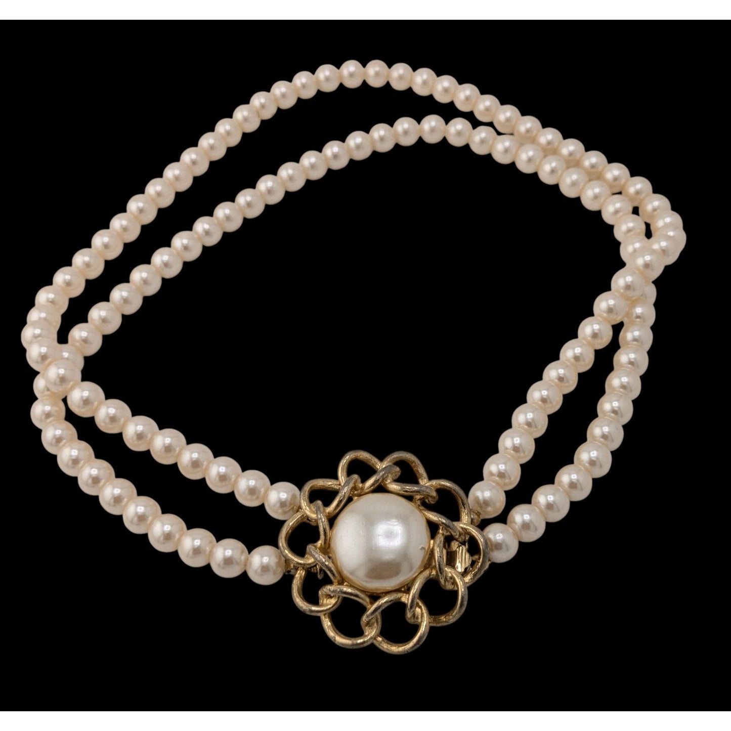 Vintage Midcentury Glam Double Strand Faux Pearl Necklace With Gold-Tone Floral Box Clasp