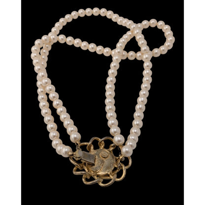 Vintage Midcentury Glam Double Strand Faux Pearl Necklace With Gold-Tone Floral Box Clasp