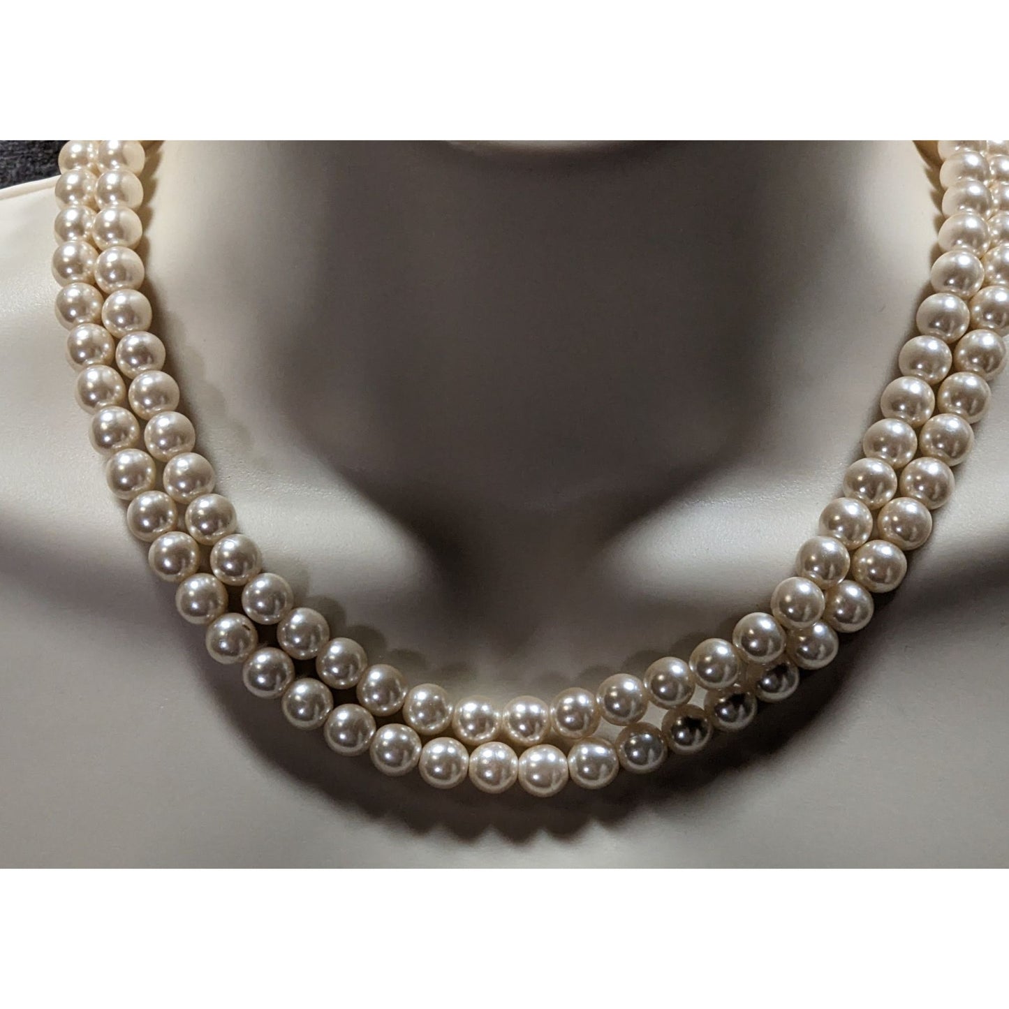 Vintage Midcentury Glam Double Strand Faux Pearl Necklace With Gold-Tone Floral Box Clasp