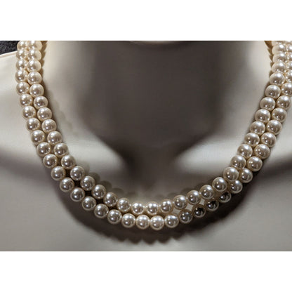 Vintage Midcentury Glam Double Strand Faux Pearl Necklace With Gold-Tone Floral Box Clasp