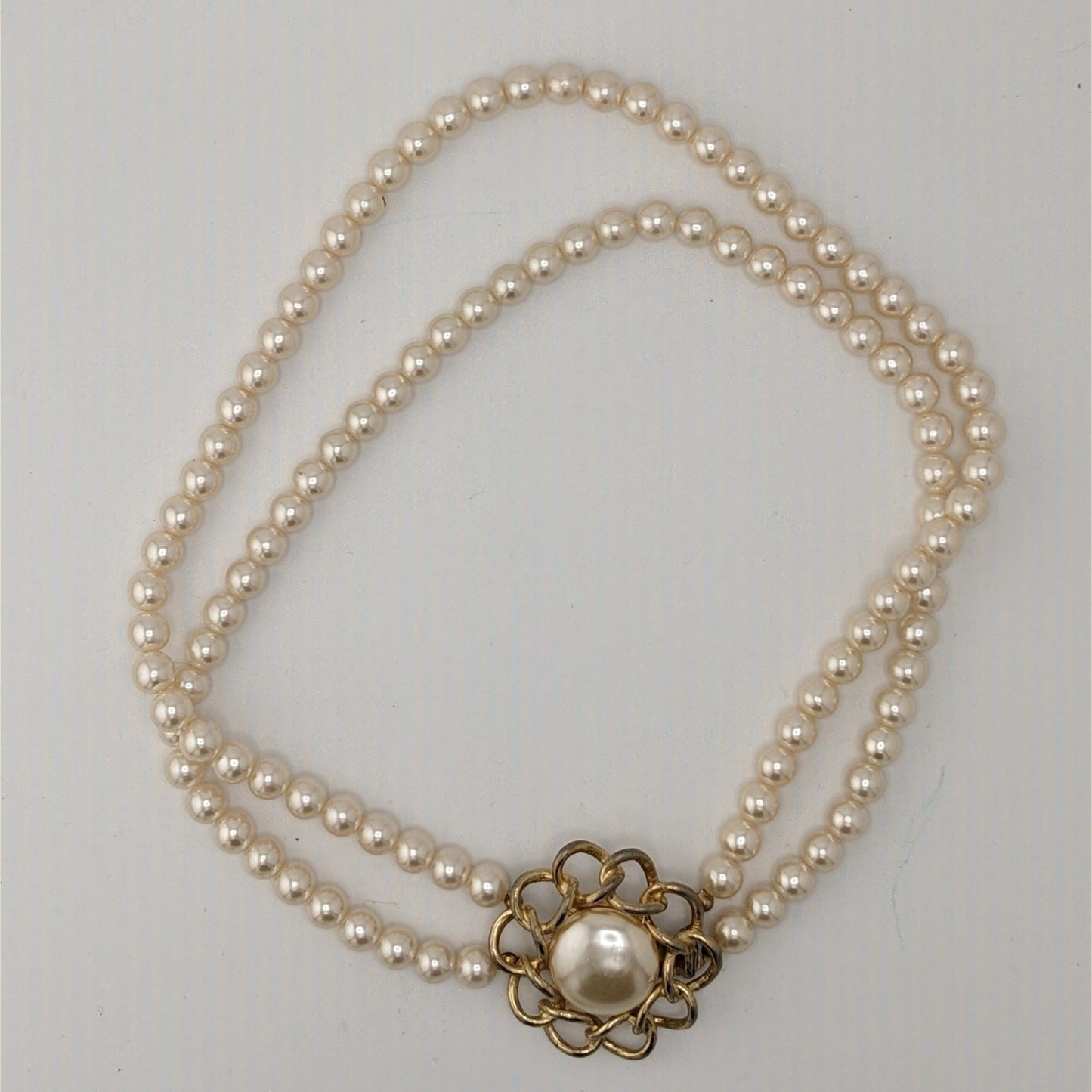 Vintage Midcentury Glam Double Strand Faux Pearl Necklace With Gold-Tone Floral Box Clasp