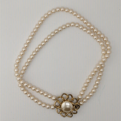Vintage Midcentury Glam Double Strand Faux Pearl Necklace With Gold-Tone Floral Box Clasp