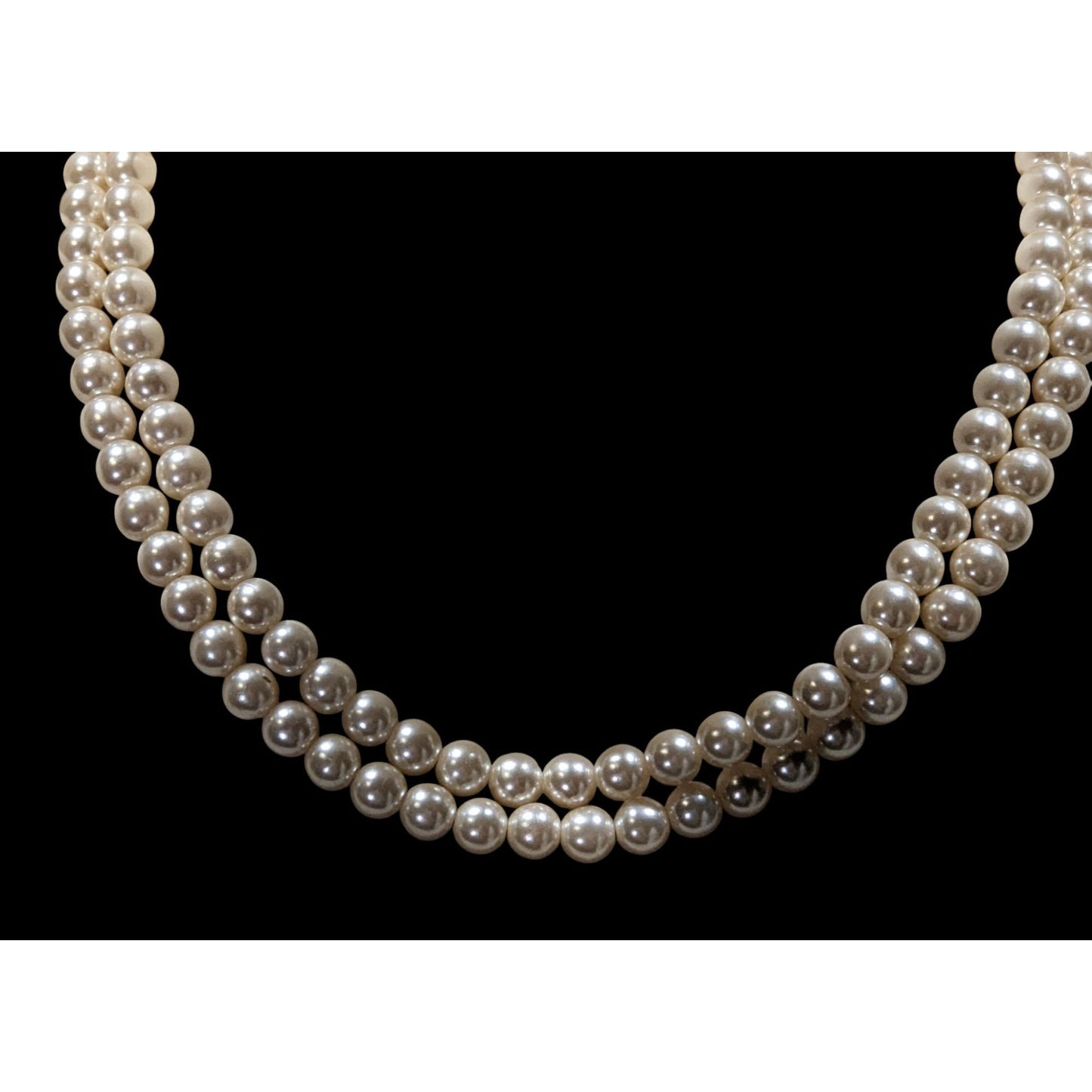 Vintage Midcentury Glam Double Strand Faux Pearl Necklace With Gold-Tone Floral Box Clasp