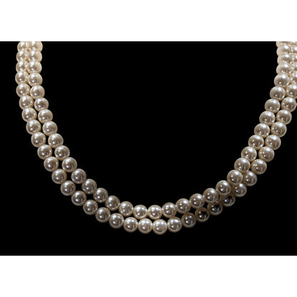 Vintage Midcentury Glam Double Strand Faux Pearl Necklace With Gold-Tone Floral Box Clasp