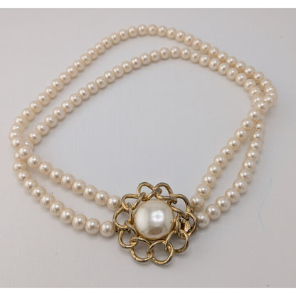 Vintage Midcentury Glam Double Strand Faux Pearl Necklace With Gold-Tone Floral Box Clasp
