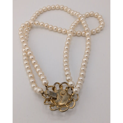 Vintage Midcentury Glam Double Strand Faux Pearl Necklace With Gold-Tone Floral Box Clasp