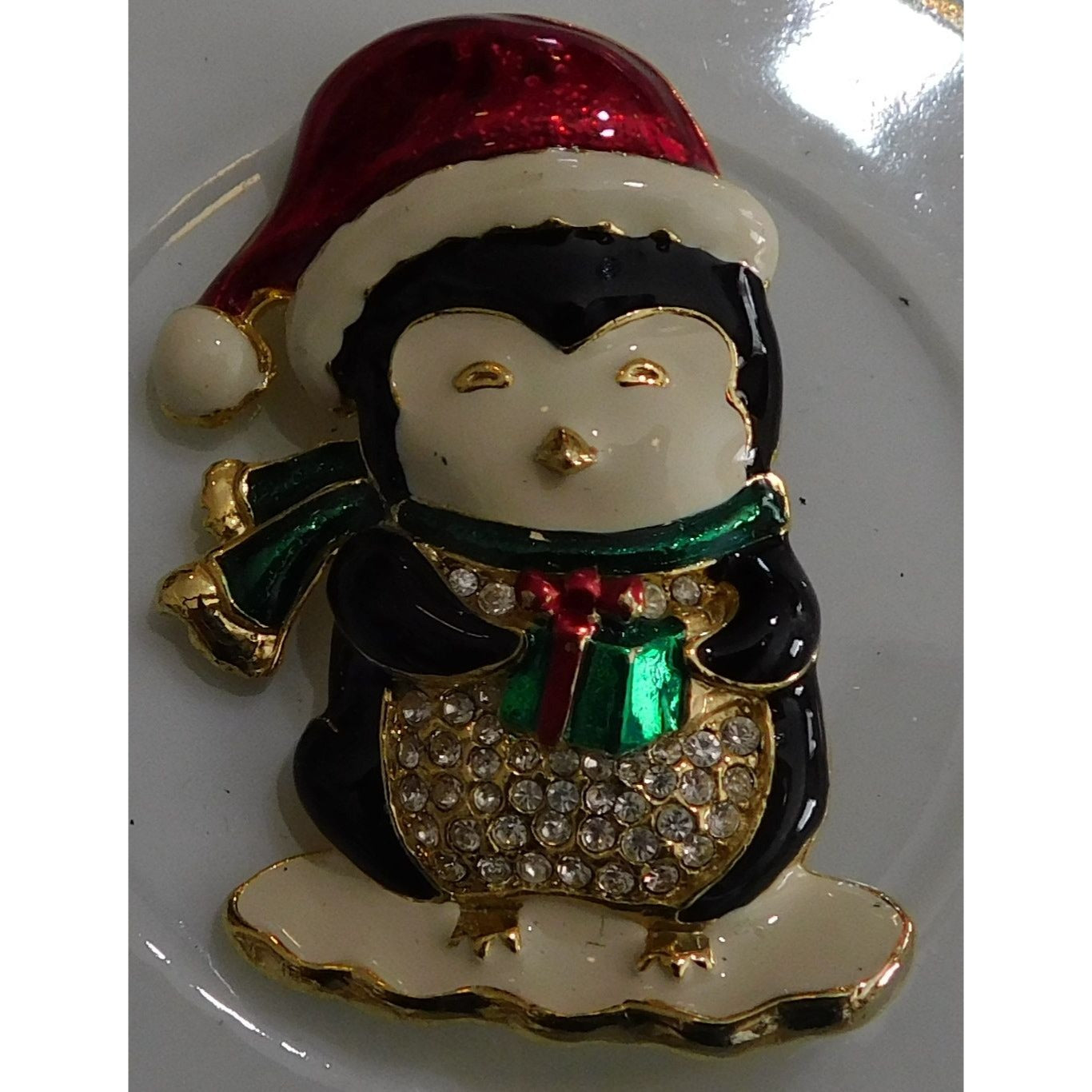 Vintage SFJ Christmas Penguin Holding Gift Brooch