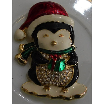 Vintage SFJ Christmas Penguin Holding Gift Brooch