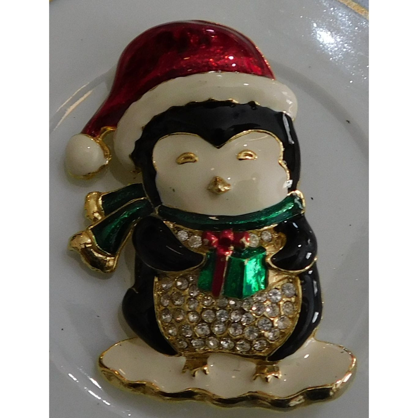Vintage SFJ Christmas Penguin Holding Gift Brooch