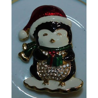 Vintage SFJ Christmas Penguin Holding Gift Brooch