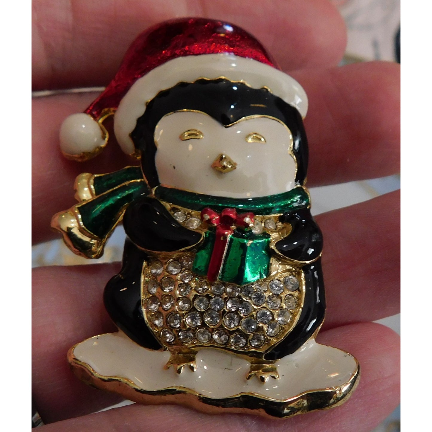 Vintage SFJ Christmas Penguin Holding Gift Brooch