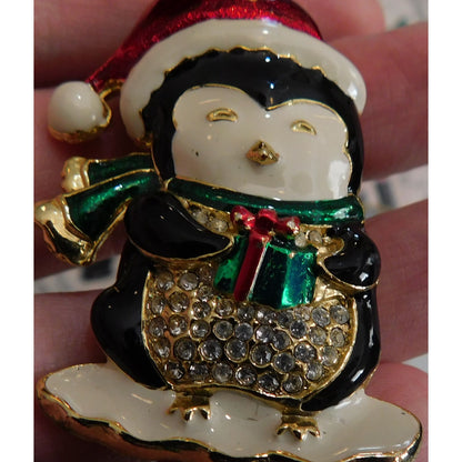 Vintage SFJ Christmas Penguin Holding Gift Brooch