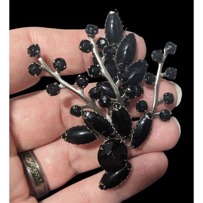 Vintage Floral Spray Black Gemmed Gothic Brooch