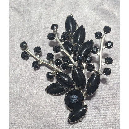 Vintage Floral Spray Black Gemmed Gothic Brooch