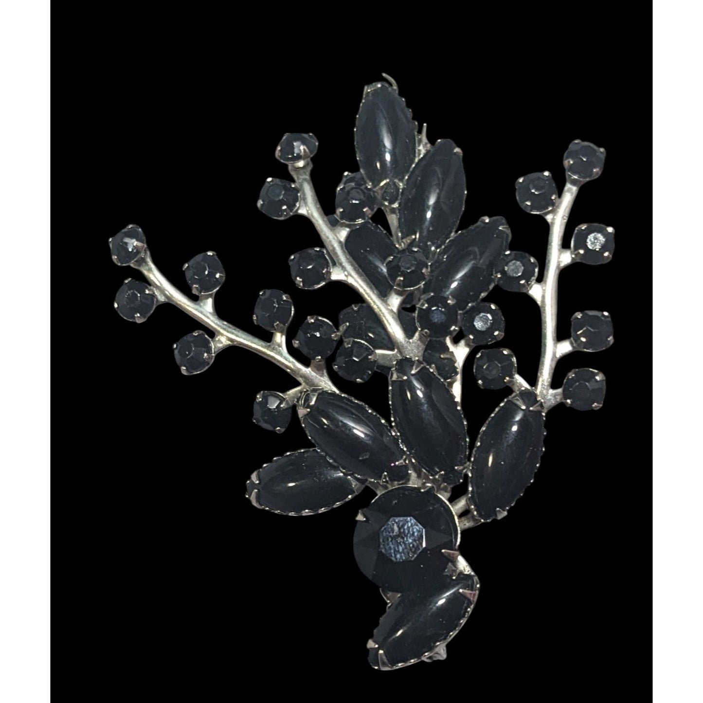 Vintage Floral Spray Black Gemmed Gothic Brooch