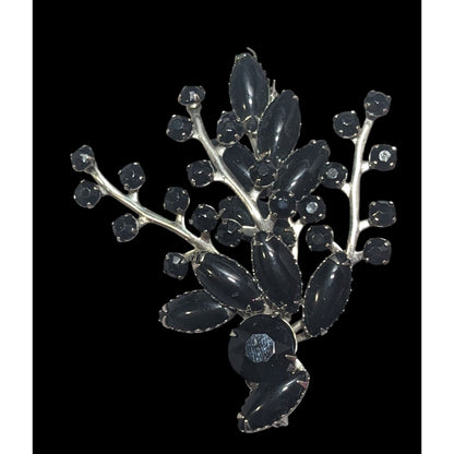 Vintage Floral Spray Black Gemmed Gothic Brooch