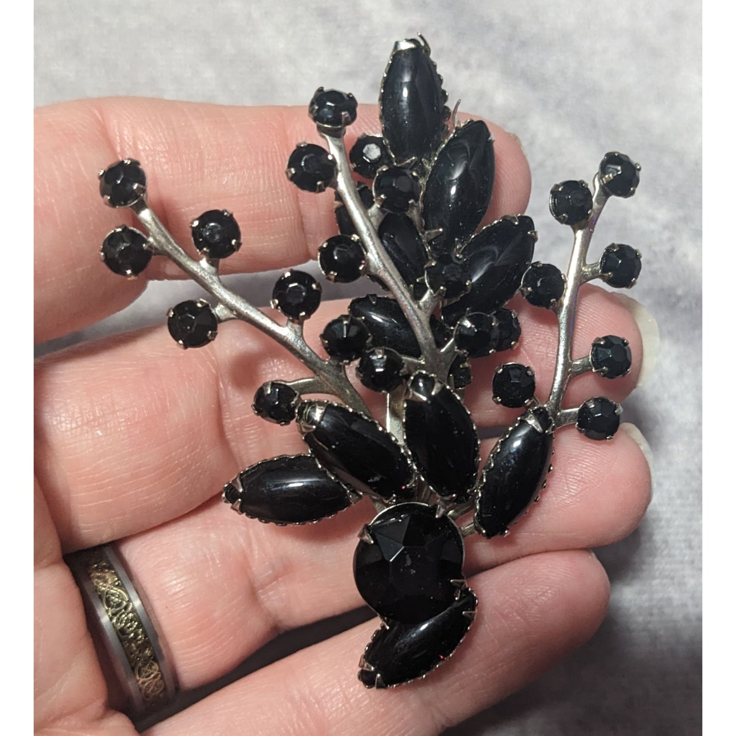 Vintage Floral Spray Black Gemmed Gothic Brooch