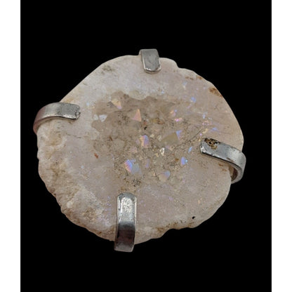Boho Crystal Geode Druzy Statement Ring Silver Tone Raw Quartz Adjustable