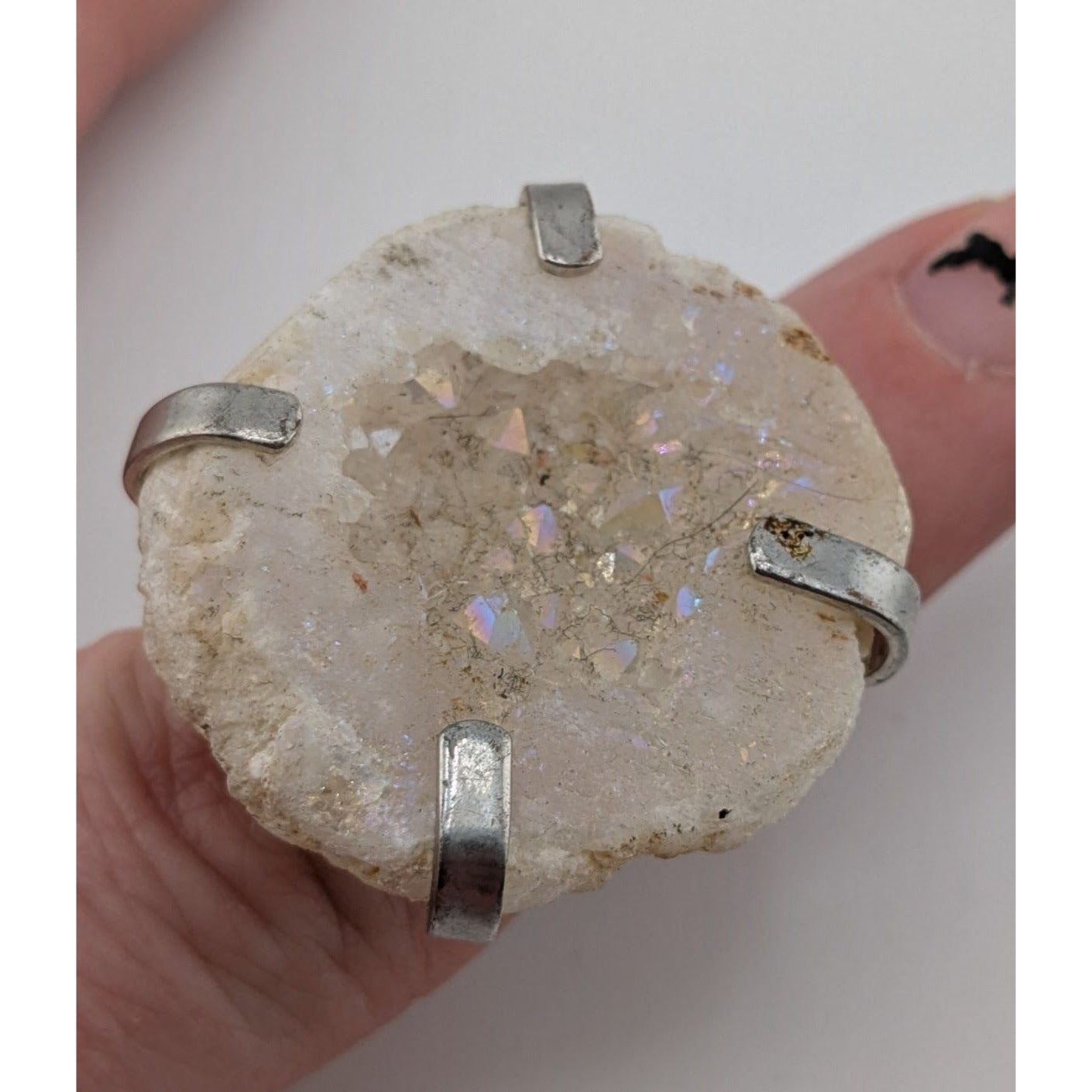 Boho Crystal Geode Druzy Statement Ring Silver Tone Raw Quartz Adjustable