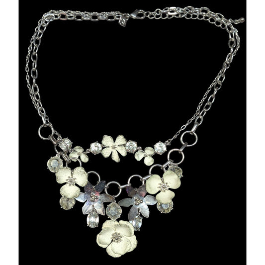 Banana Republic Preppy Floral White And Silver Tone Multilayer Necklace