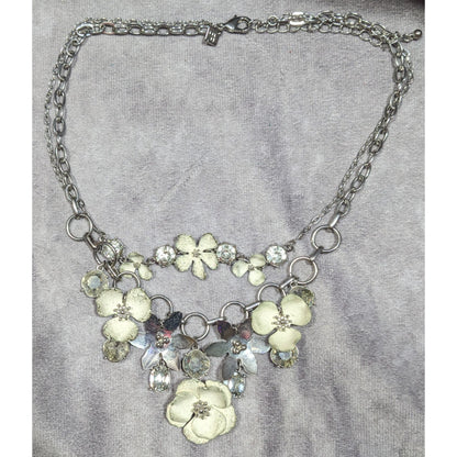 Banana Republic Preppy Floral White And Silver Tone Multilayer Necklace