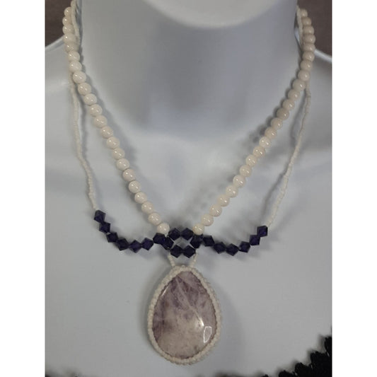Handmade Beaded Necklace With Amethyst Pendant & White Beads