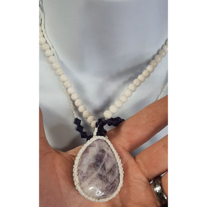 Handmade Beaded Necklace With Amethyst Pendant & White Beads