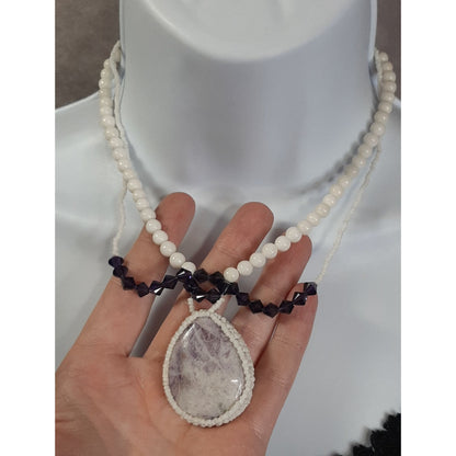 Handmade Beaded Necklace With Amethyst Pendant & White Beads