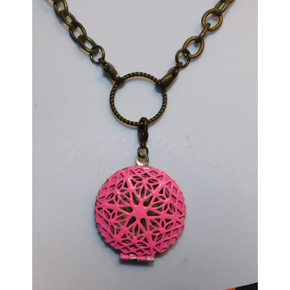 Floral Filigree Locket Necklace Gold Tone With Pink Enamel