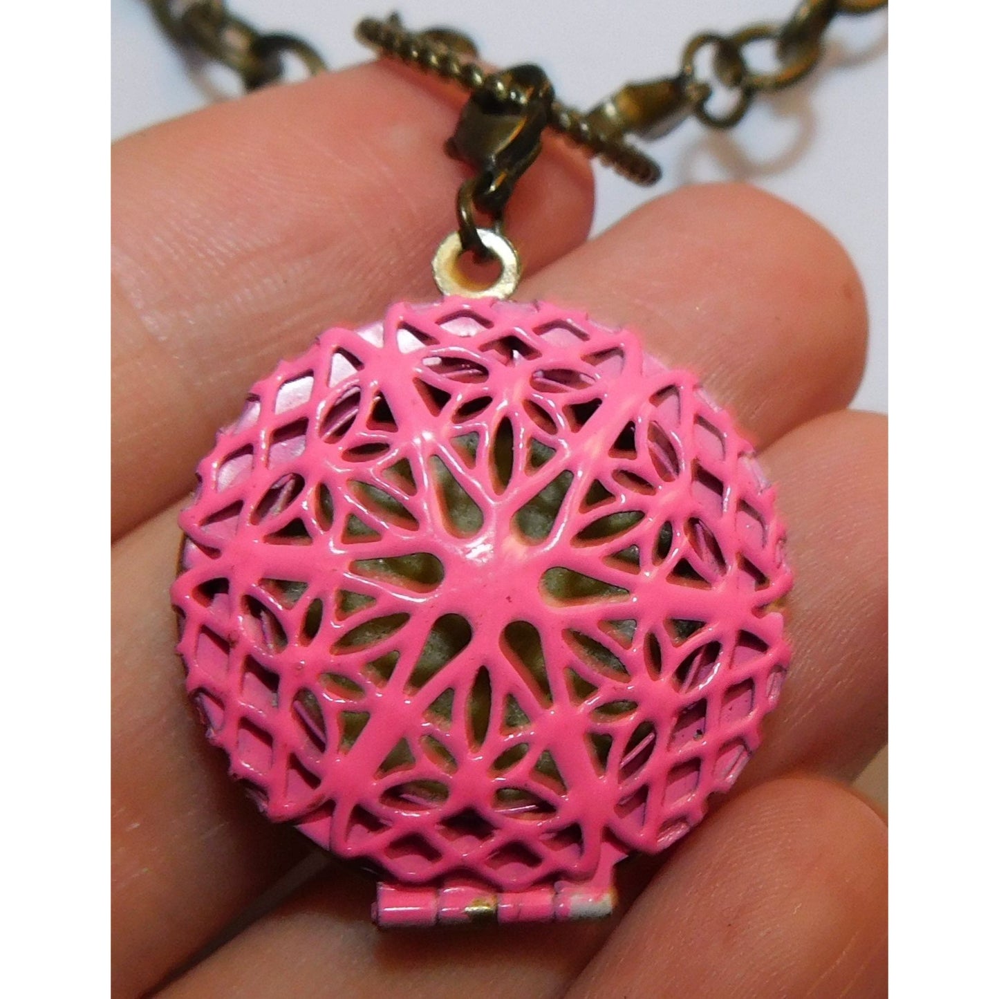 Floral Filigree Locket Necklace Gold Tone With Pink Enamel