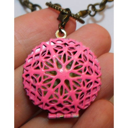 Floral Filigree Locket Necklace Gold Tone With Pink Enamel