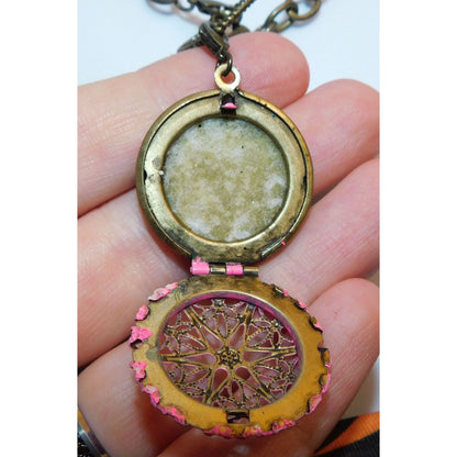 Floral Filigree Locket Necklace Gold Tone With Pink Enamel