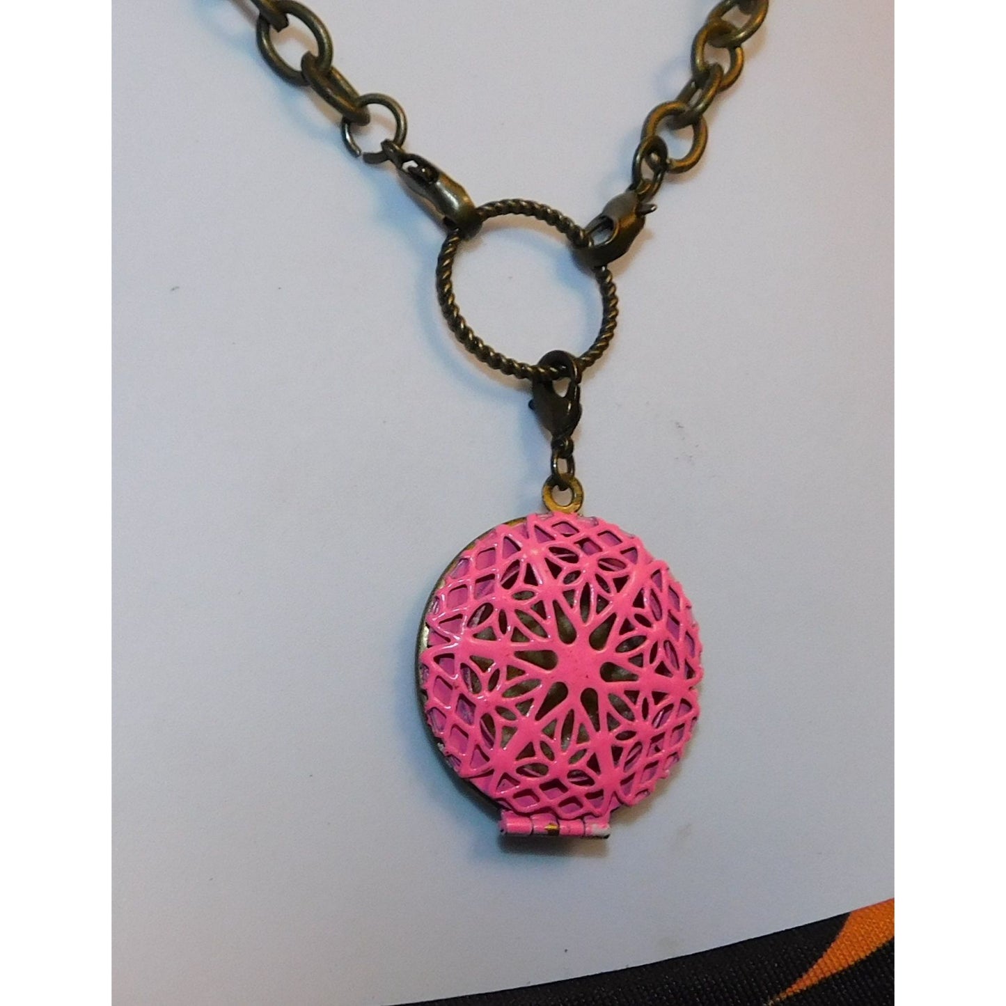 Floral Filigree Locket Necklace Gold Tone With Pink Enamel