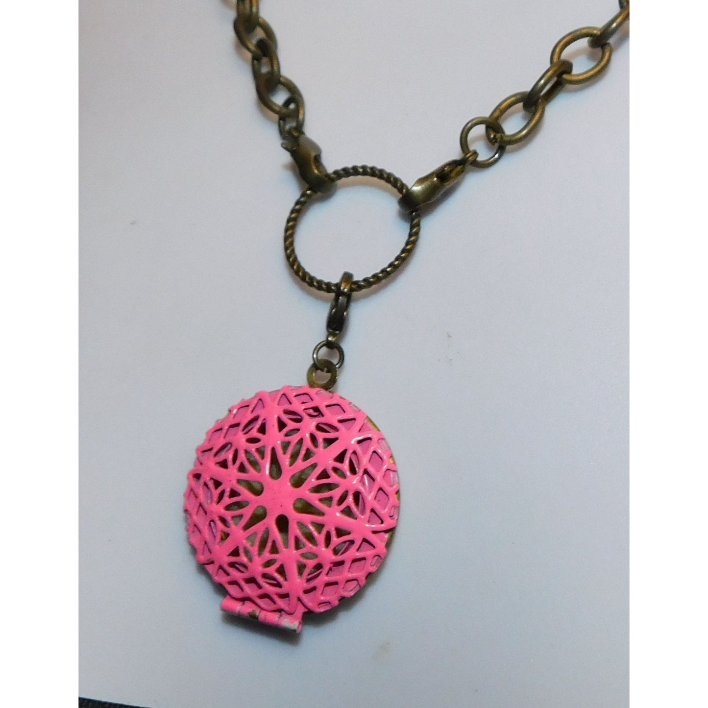 Floral Filigree Locket Necklace Gold Tone With Pink Enamel