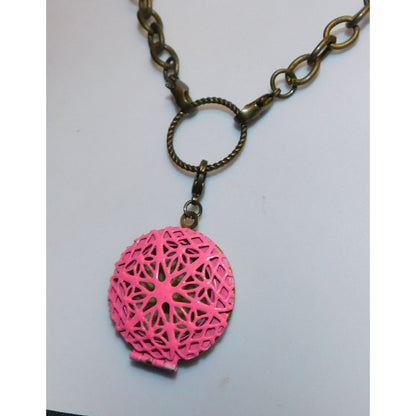 Floral Filigree Locket Necklace Gold Tone With Pink Enamel