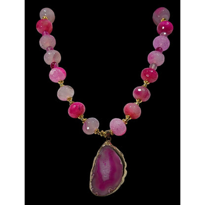 Glam Nature Inspired Pink Dyed Agate And Geode Slice Necklace