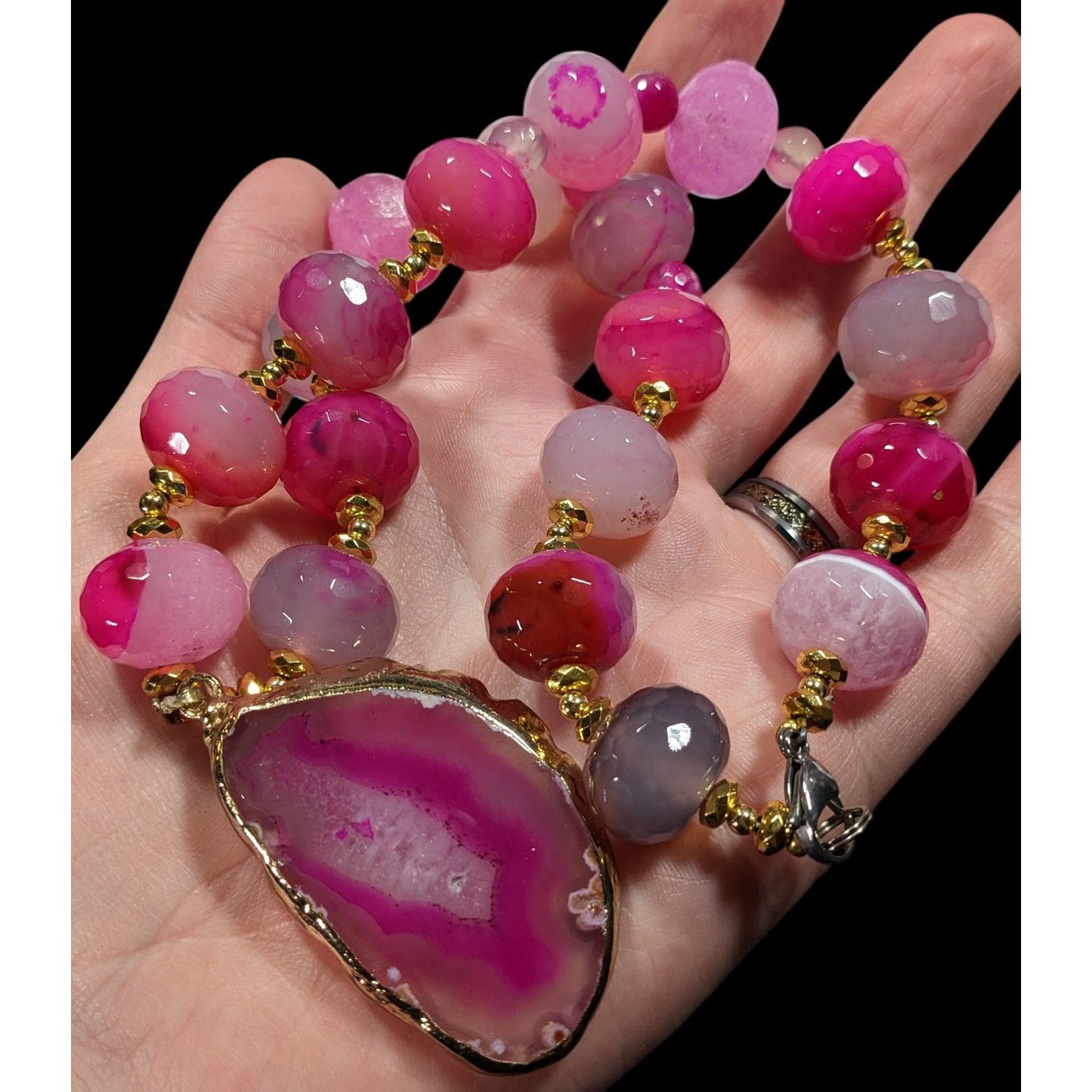 Glam Nature Inspired Pink Dyed Agate And Geode Slice Necklace