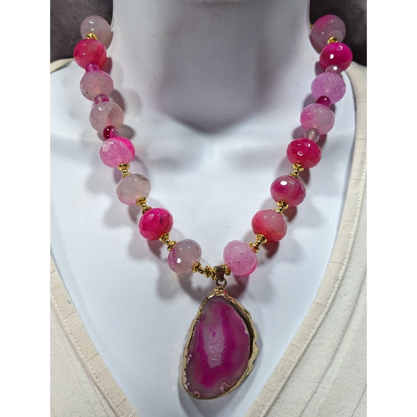 Glam Nature Inspired Pink Dyed Agate And Geode Slice Necklace