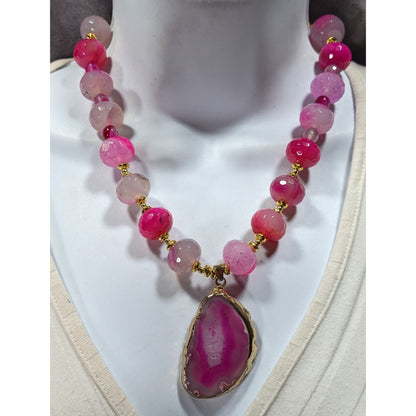 Glam Nature Inspired Pink Dyed Agate And Geode Slice Necklace