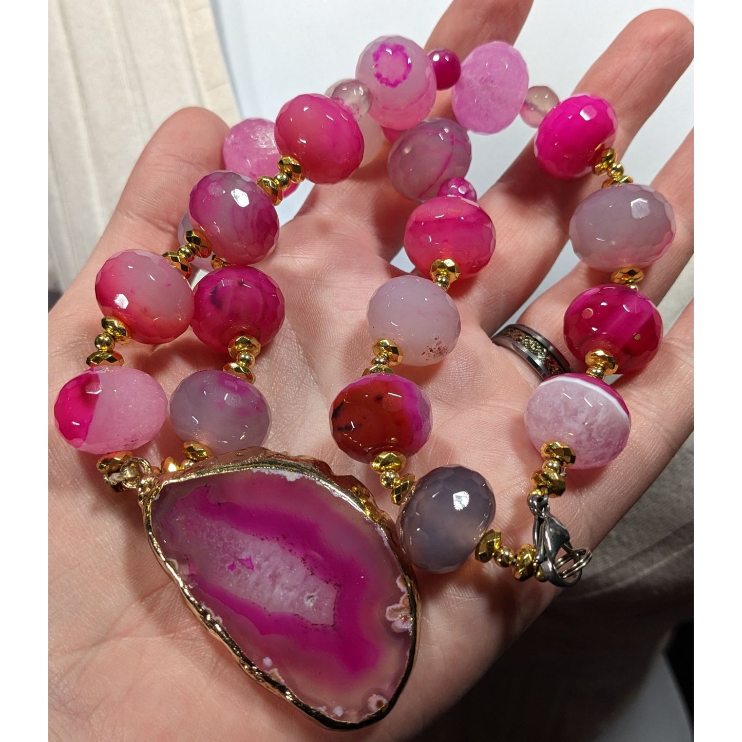 Glam Nature Inspired Pink Dyed Agate And Geode Slice Necklace