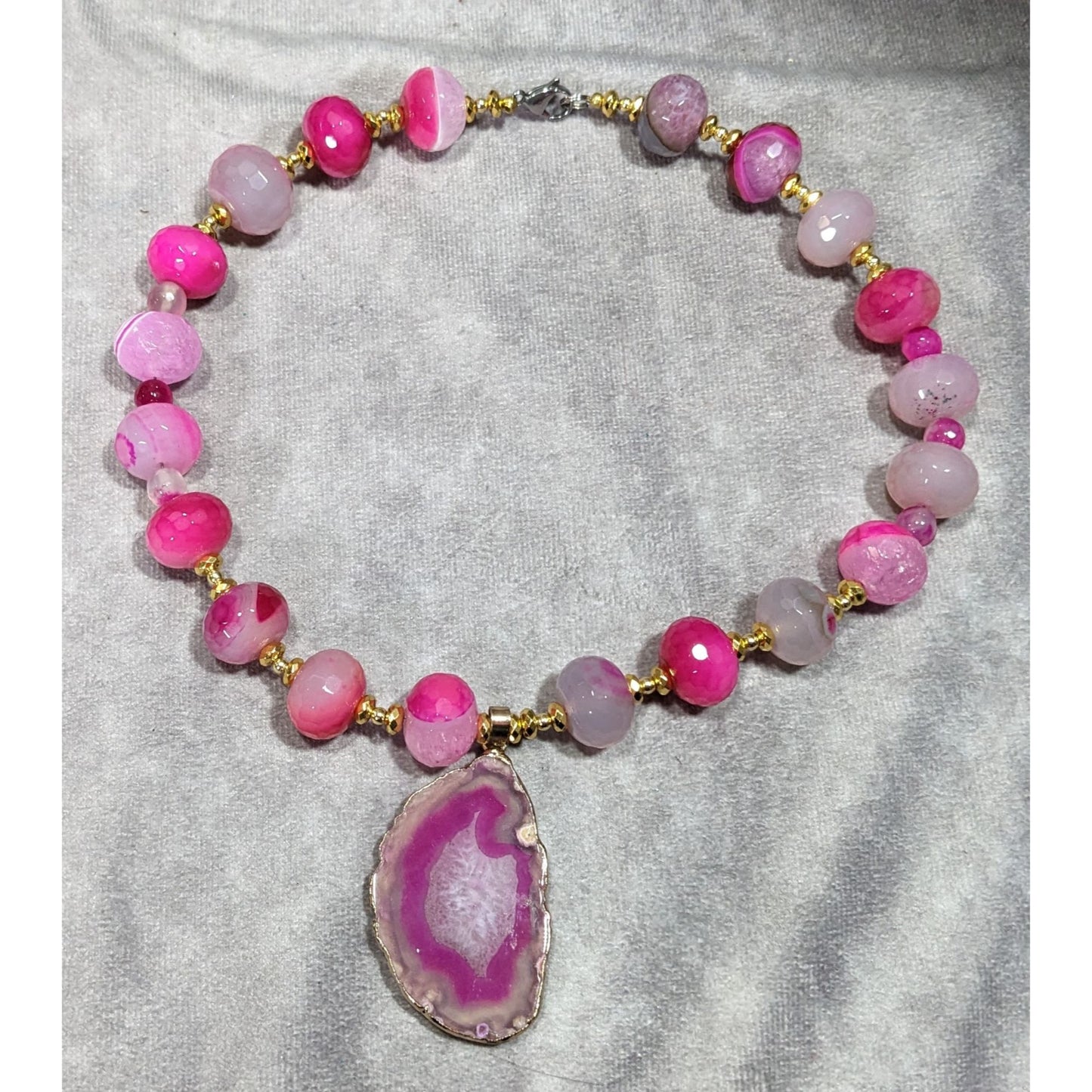Glam Nature Inspired Pink Dyed Agate And Geode Slice Necklace