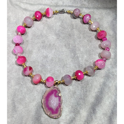 Glam Nature Inspired Pink Dyed Agate And Geode Slice Necklace