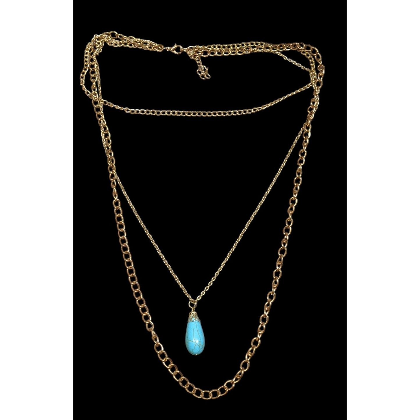 Bohemian Multilayer Faux Turquoise Gold Tone Chain Necklace