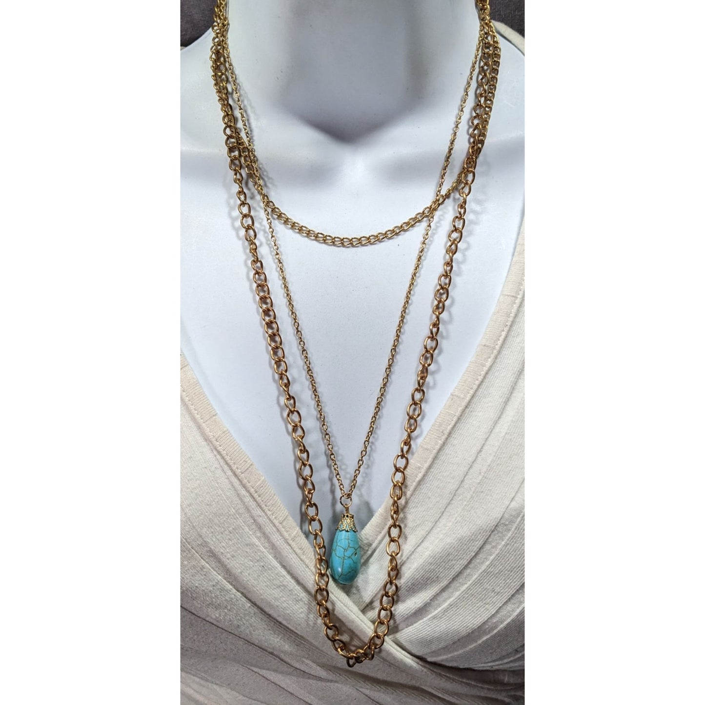 Bohemian Multilayer Faux Turquoise Gold Tone Chain Necklace