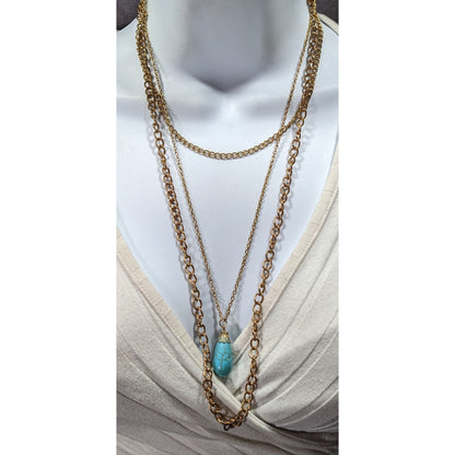 Bohemian Multilayer Faux Turquoise Gold Tone Chain Necklace