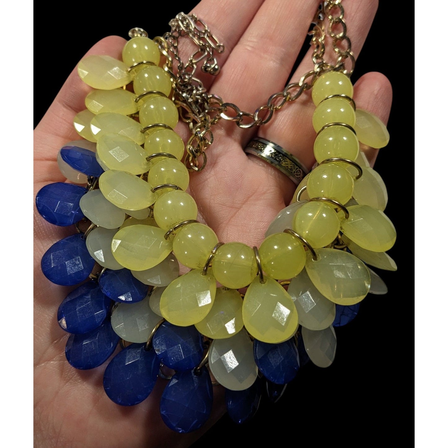 Retro Blue And Yellow Beaded Bib Statement Necklace