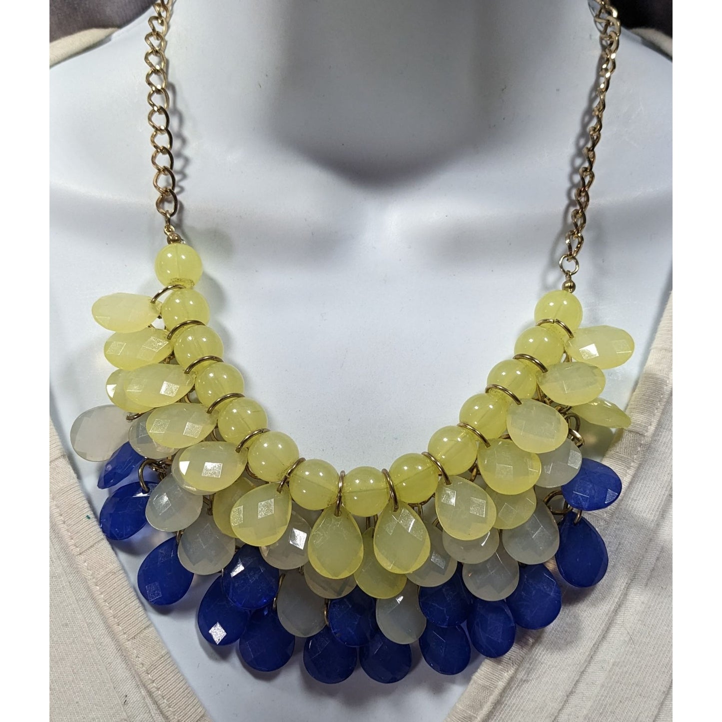 Retro Blue And Yellow Beaded Bib Statement Necklace